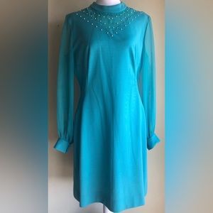 VINTAGE 1970’s DRESS TIFFANY BLUE SHEER SLEEVES/CHEST RHINESTONE/BEADS SIZE 10